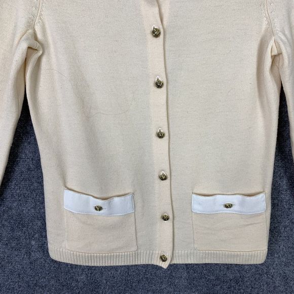 Talbots Cardigan Merino Wool Women Petite S Pale Yellow Pockets Gold Buttons - Picture 3 of 12